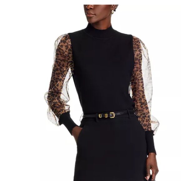 SALE! new SIONI Sheer Leopard Sleeve Black Wool Blend Mock Neck Top 252 - Picture 4 of 8